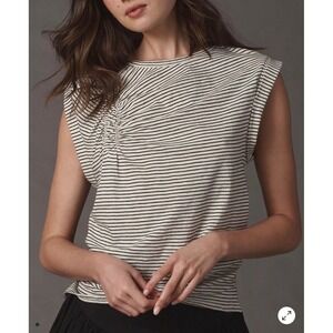 Anthropologie Pilcro Striped Ruched Sleeveless Top Ivory Black Cotton Small NWT